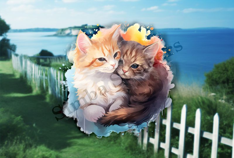 Cats cuddling, watercolour