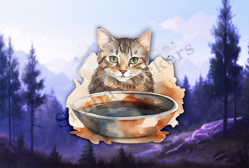 Cat behind bowl, watercolour