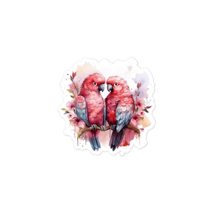 Sticker 3x3, Reddish parrots perching in pinkish background, watercolour, kzebwr