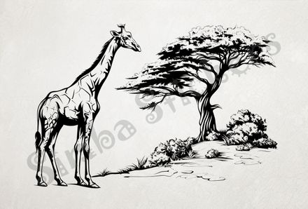 Giraffe heading towards a tree in the Savanna, outline art
