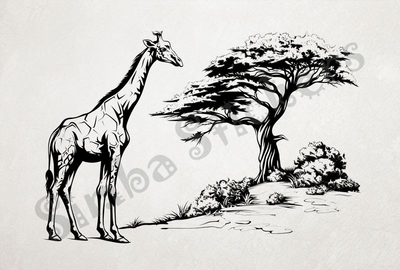 Giraffe heading towards a tree in the Savanna, outline art