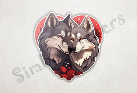 Wolves nose-to-nose, cuddling, in heart shape