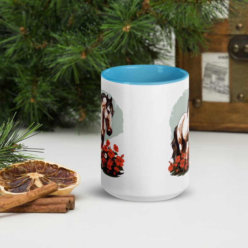 White Ceramic Mug with Color Inside, 11&amp;15oz, Brown horse in field of red flowers, n4w2fj