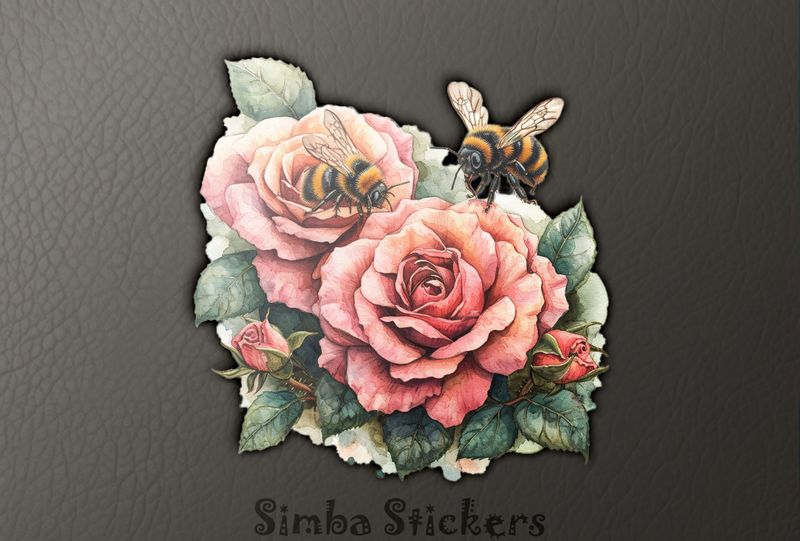 Bees flying around romantic rose flowers, watercolour