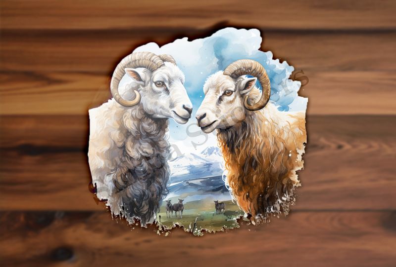 Sheep ewe and ram in love, mountaneous background, watercolour