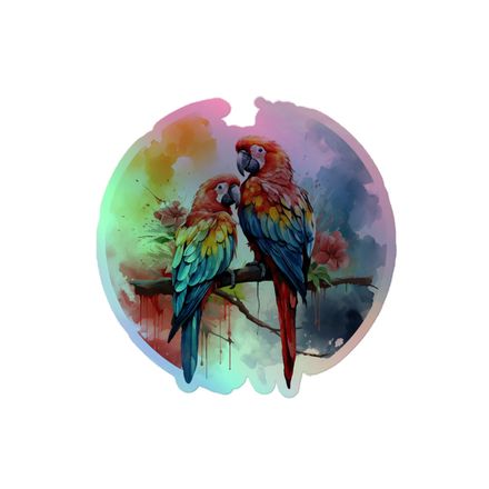 Kiss-Cut Holographic Sticker, Parrots perching romantically, watercolour, h3l8qr, mirrored