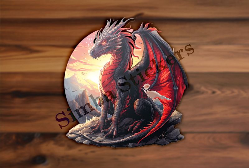 Black and red dragon perching on a high rock in the sunrise