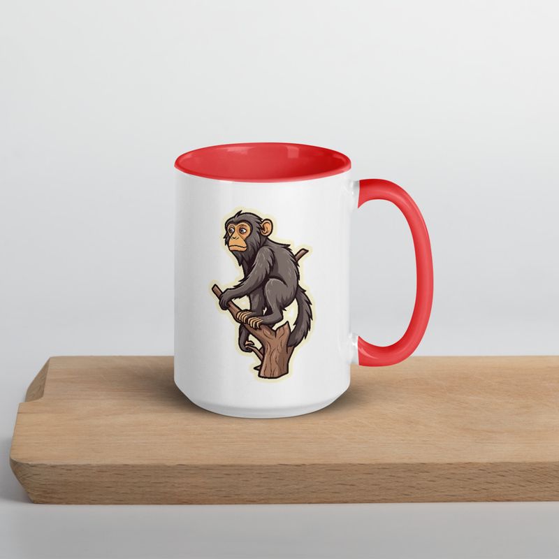 White Ceramic Mug with Color Inside, 11oz &amp; 15oz, Baboon on a tree, looking sad, head-to-head