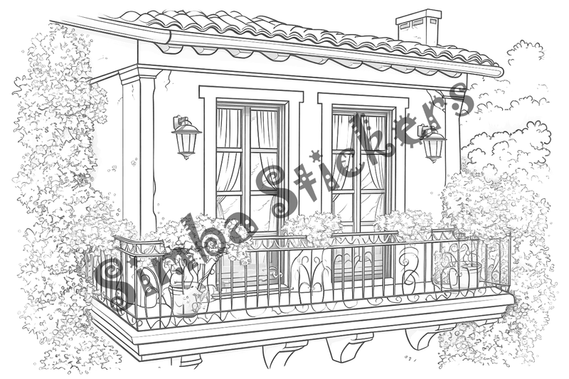 Colouring pages, bundle of houses, Mediterranean, 10 images