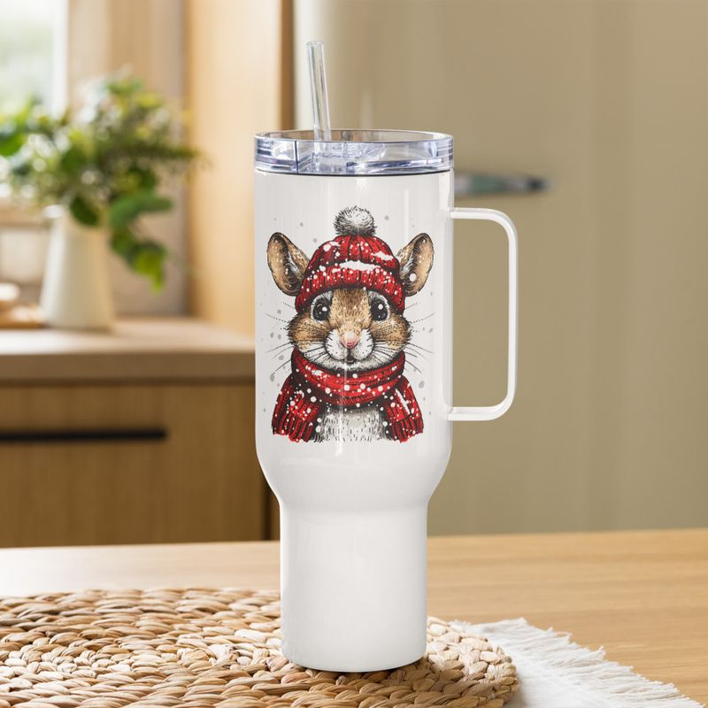 Travel Mug, Cattle, Mouse wearing red winter hat and scarf in the snow, xg8dl3
