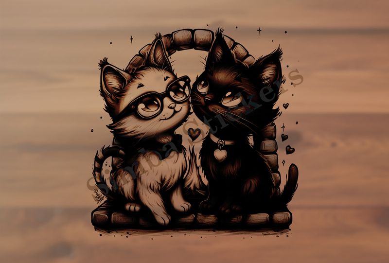 Cats, one in glasses, by the fireplace, outline art