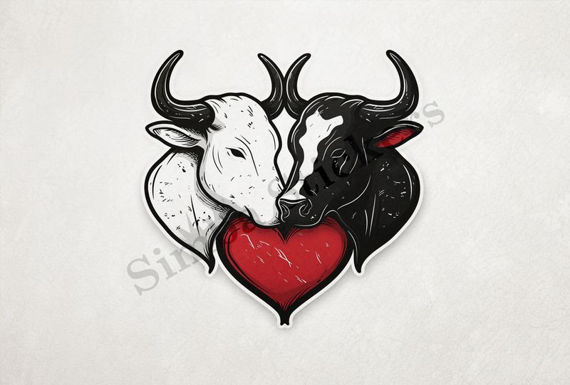 Bull and cow, romantic, with large heart,  outline art