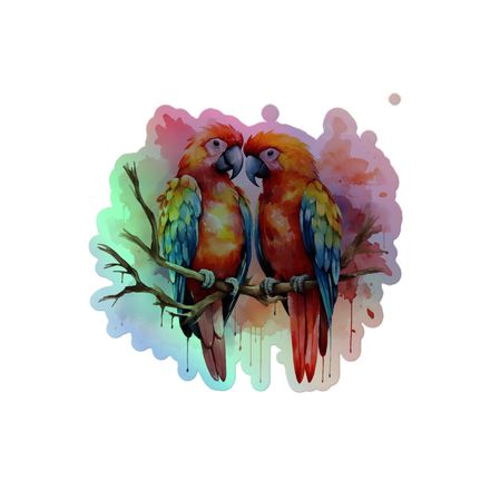 Kiss-Cut Holographic Sticker, Parrots in love perching nose-to-nose in pinkish..., cpi3i9, mirrored