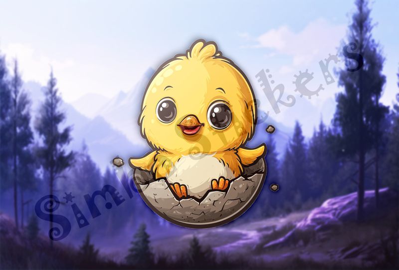 Chick happily resting and waving in eggshell on hatchday