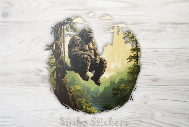 Gorilla thoughtfully sitting on a branch overlooking a lake, kcr3gw