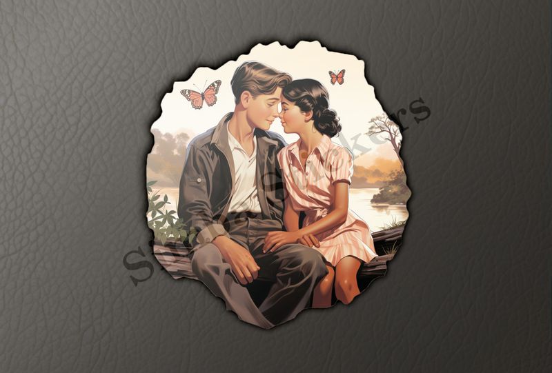 Young man and woman holding hands sitting on a log, vintage
