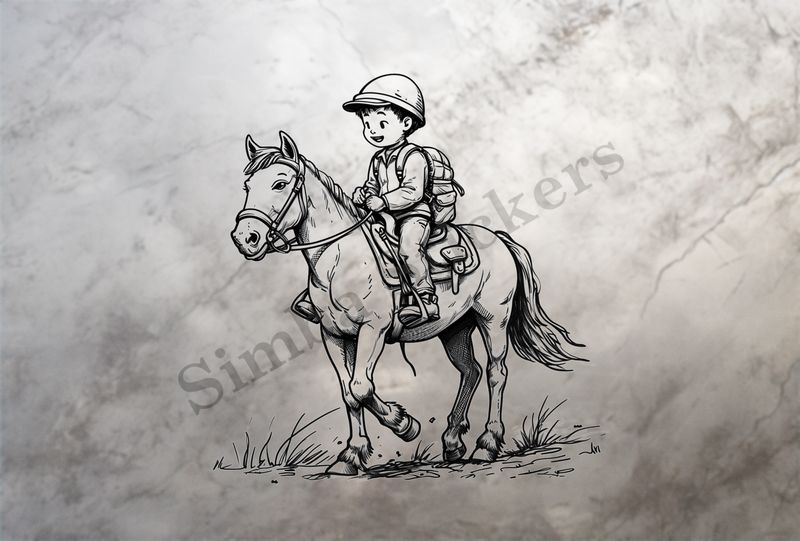Horse carrying a small Asian boy, outline art