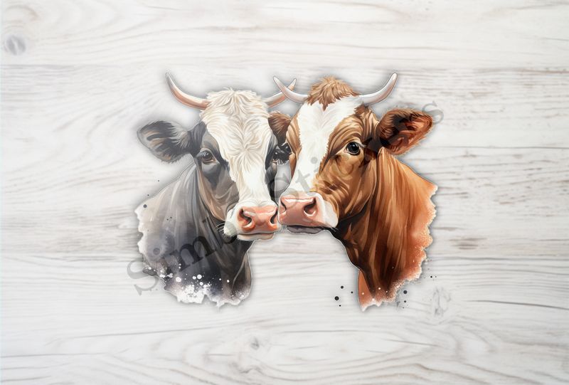 Cows, black and brown,  nose-to-nose, watercolour