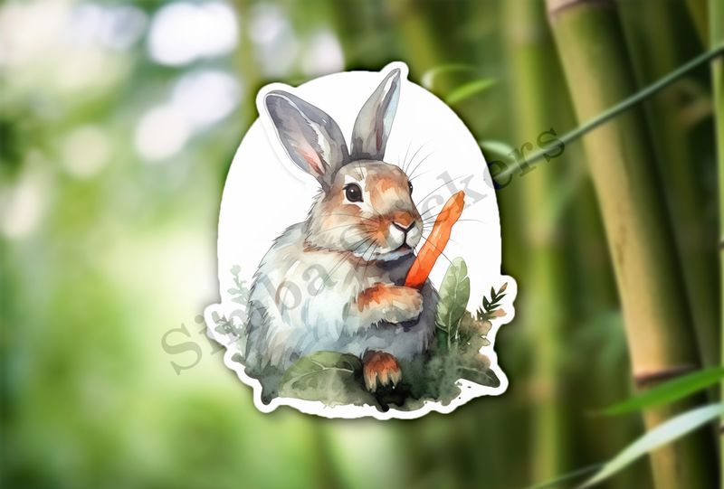 Rabbit holding a carrot, watercolour
