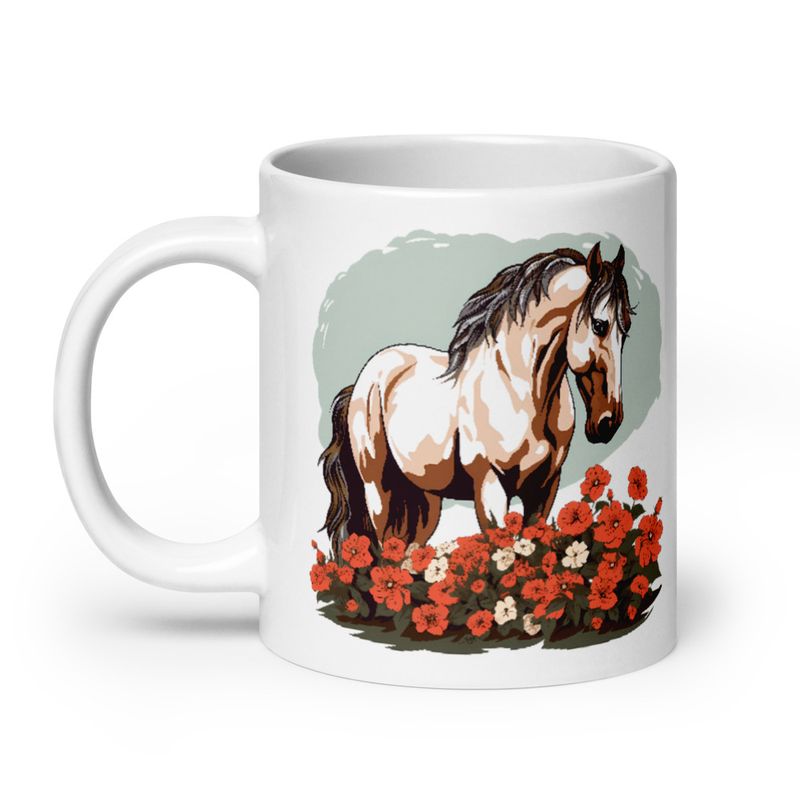 White Glossy Mug, 20oz, Brown horse in field of red flowers, n4w2fj