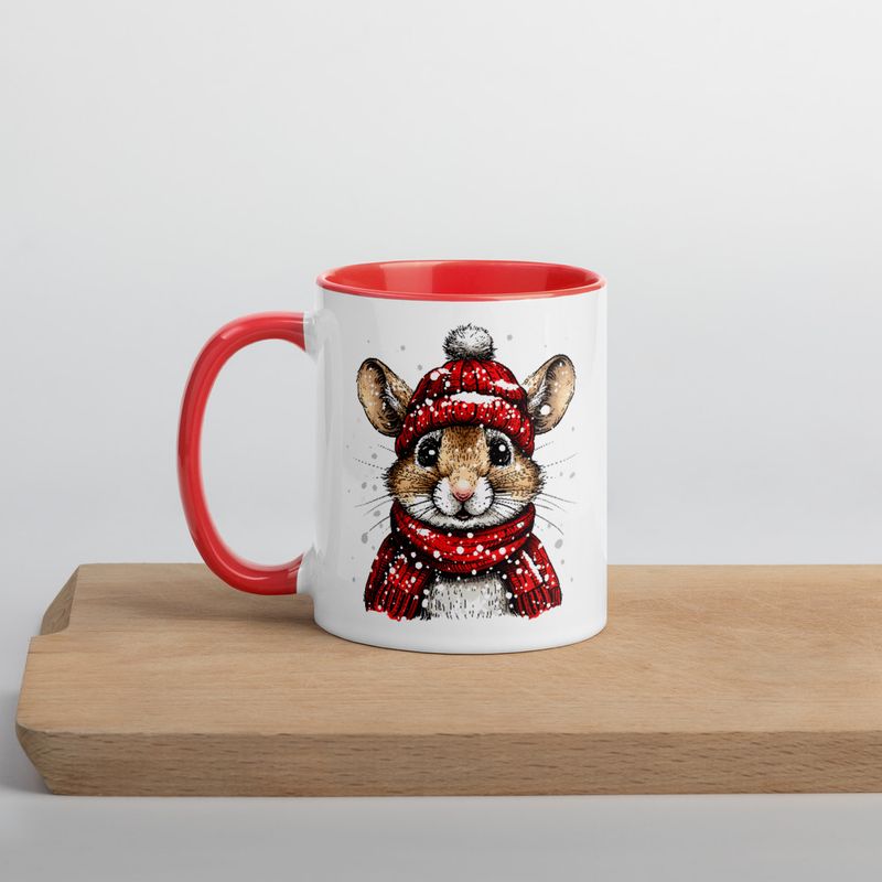 White Ceramic Mug with Color Inside, 11&amp;15oz, Mouse wearing red winter hat and scarf in snow, xg8dl3