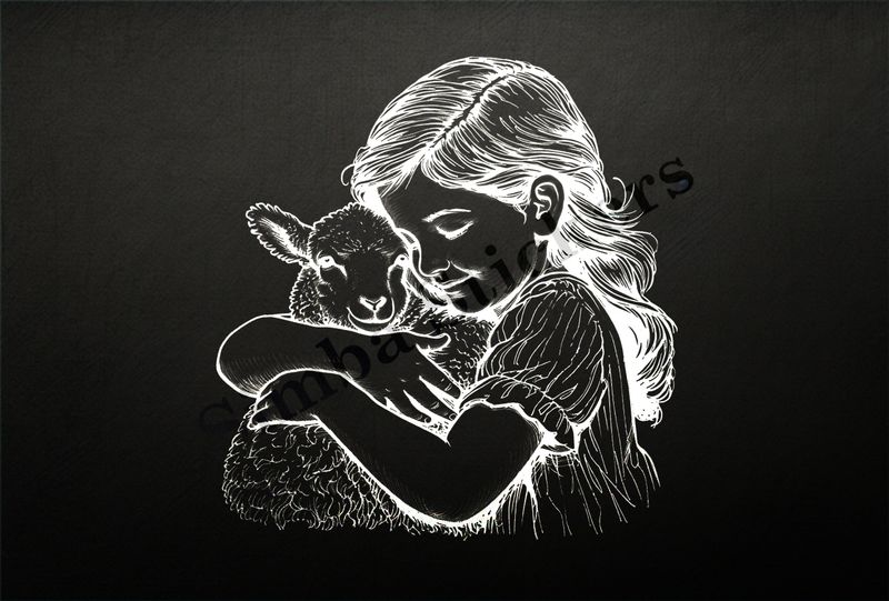 Sheep lamb hugged by girl of European origin, outline art