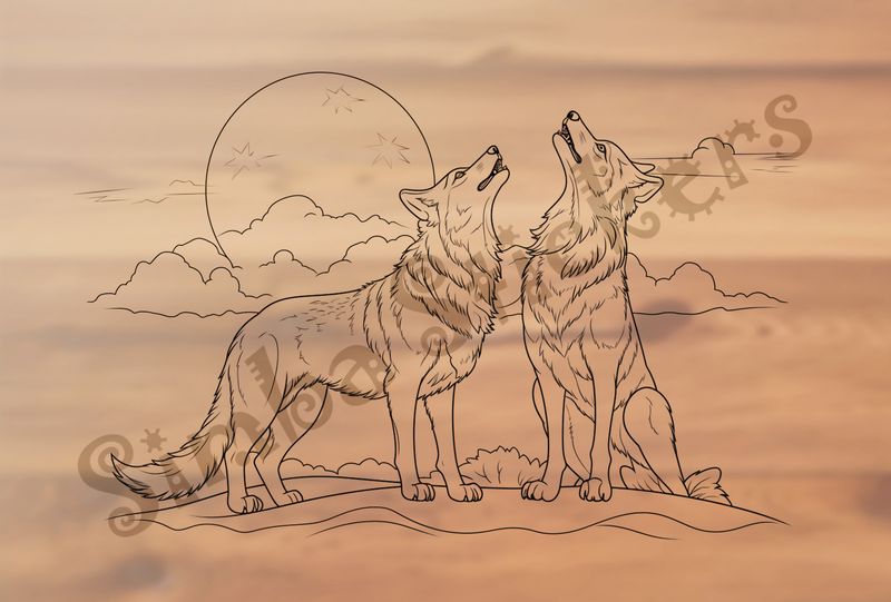 Wolves howling at the moon, outline art
