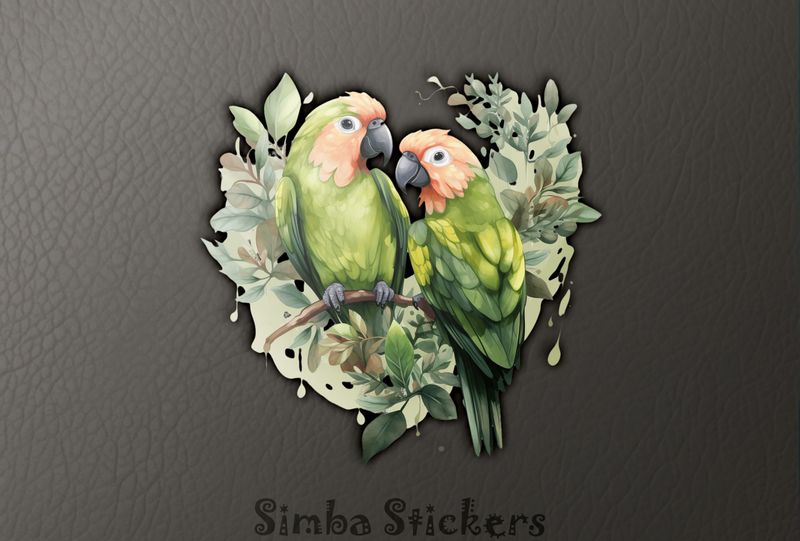 Green parrots in green leaves, watercolour, yk2x8b
