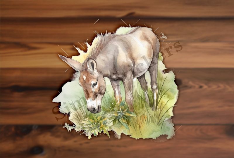 Donkey eating grass, watercolour
