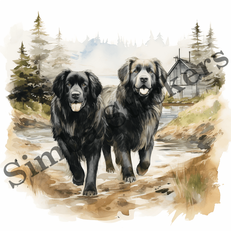Newfoundland dogs, watercolour, image set, 10 images