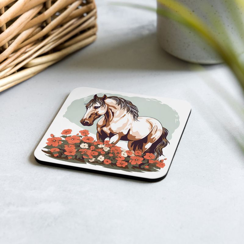 Cork-Back Coaster, Brown horse in field of red flowers, n4w2fj, mirrored