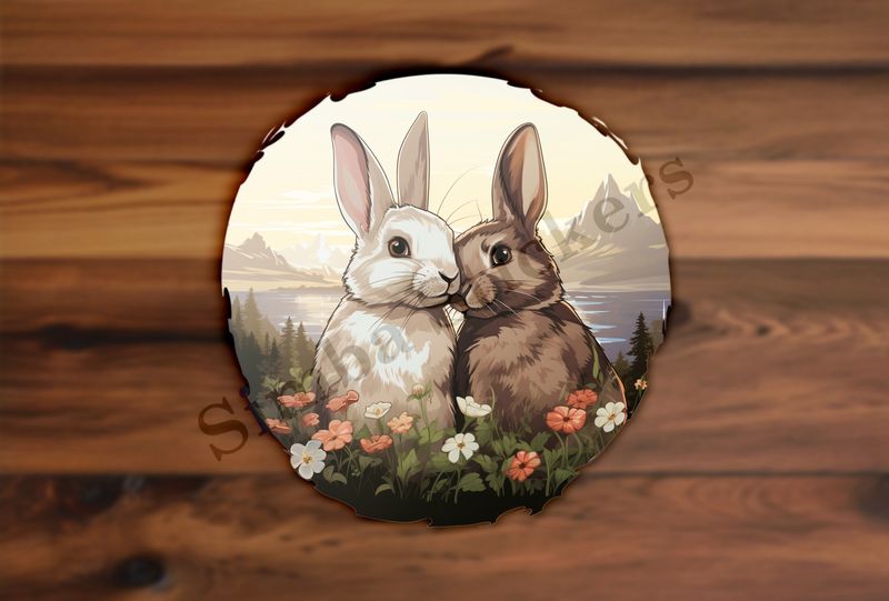 Rabbits in love , nose-to-nose, lake and mountains in background