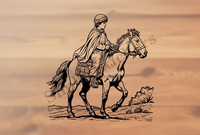 Horse being petted by a Mediterranean boy, outline art