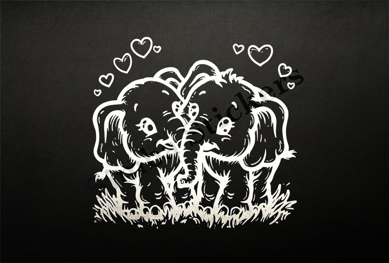 Baby elephants in love, romantic hearts around, outline art