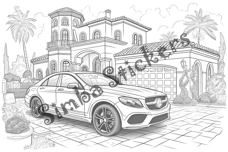 Colouring pages, bundle of houses with car in front, 10 images