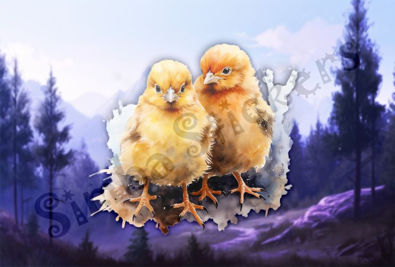 Two Chicks standing next to each other, watercolour