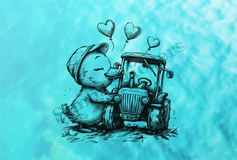 Duckling kissing farmer&#x27;s tractor, outline art