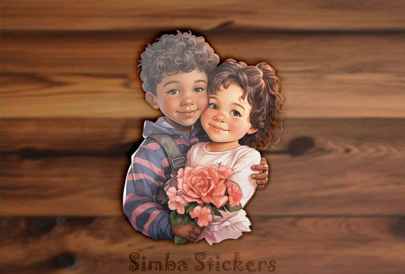 Girl and boy, cheek-to-cheek, holding flowers