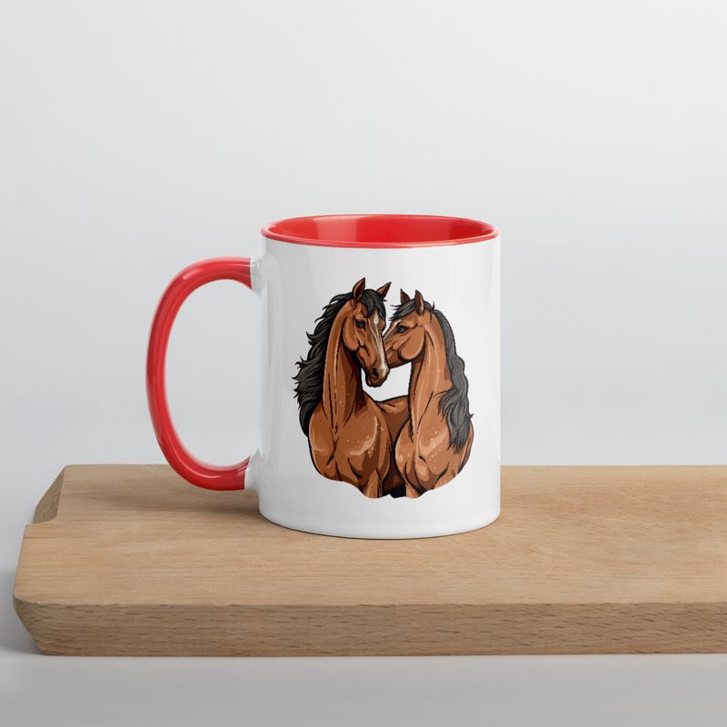 White Ceramic Mug with Color Inside, 11&amp;15oz, Two brown horses snuggling, tdwcyd