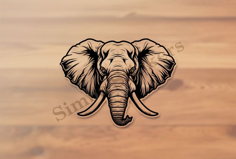 Elephant, face, large trunk and tusks, outline art