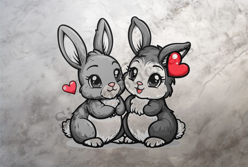 Cute bunnies in love, cheek-to-cheek, hearts in air, outline art