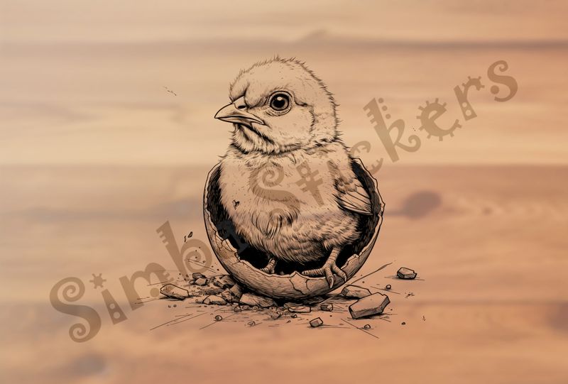 Chick sitting on broken egg shell after hatching, outline art