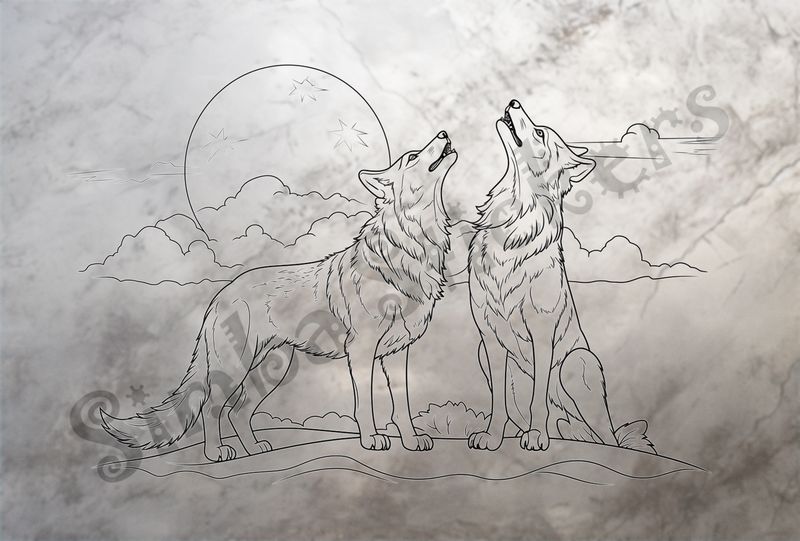 Wolves howling at the moon, outline art