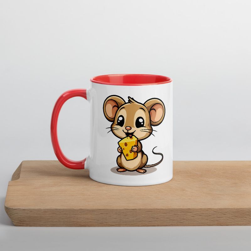 White Ceramic Mug with Color Inside,11&amp;15oz,Small Mouse happily licking large chunk of cheese,pqapy6