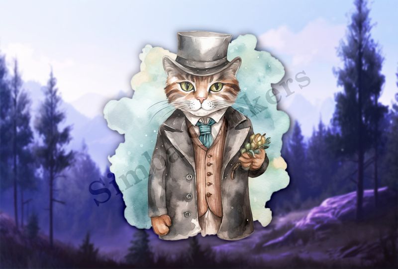 Cat in vitage suit and hat, watercolour