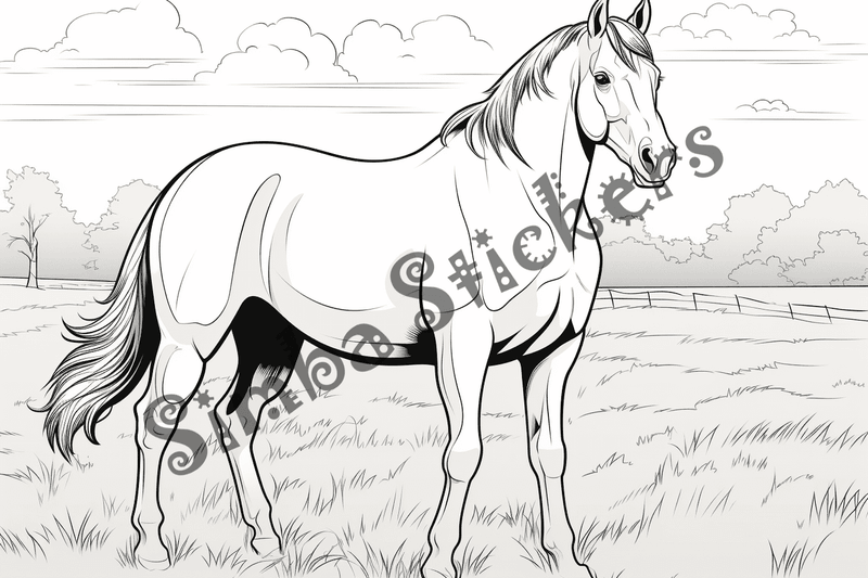 Colouring pages, bundle of horses on grass, 10 images