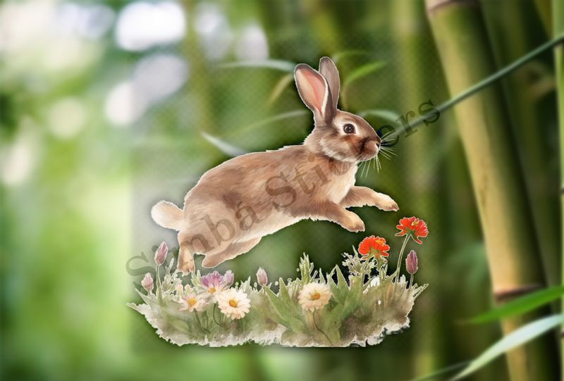 Rabbit jumping on flowery grass, watercolour