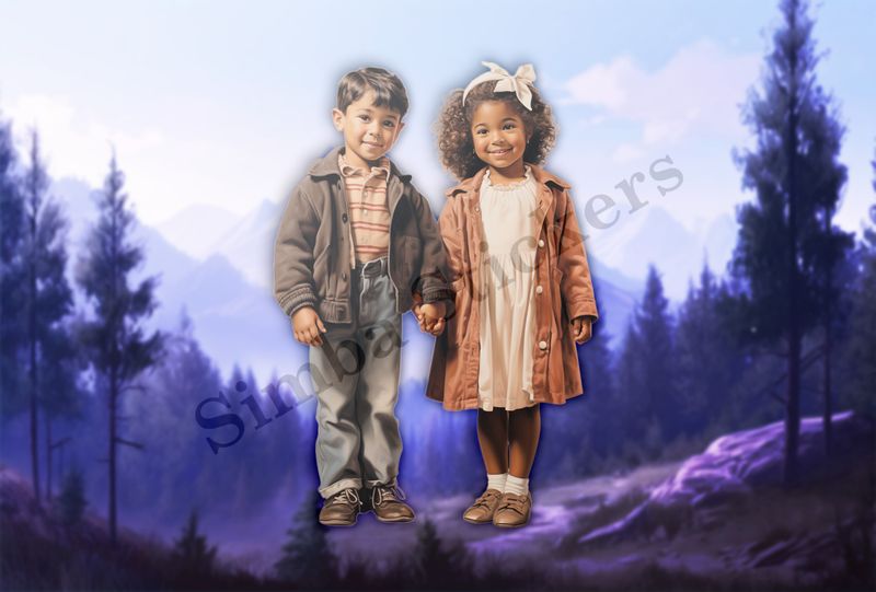 Boy and girls holding hands, smiling, bow in girl&#x27;s hair