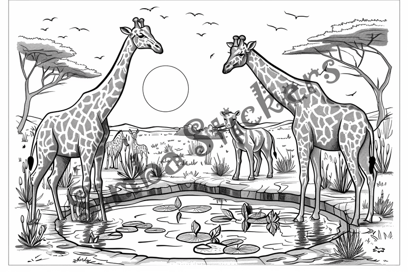Colouring pages, bundle of African Savanna landscape with animals, 10 images