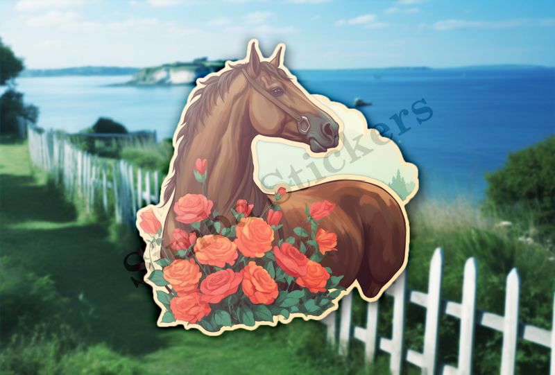 Brown horse behind roses
